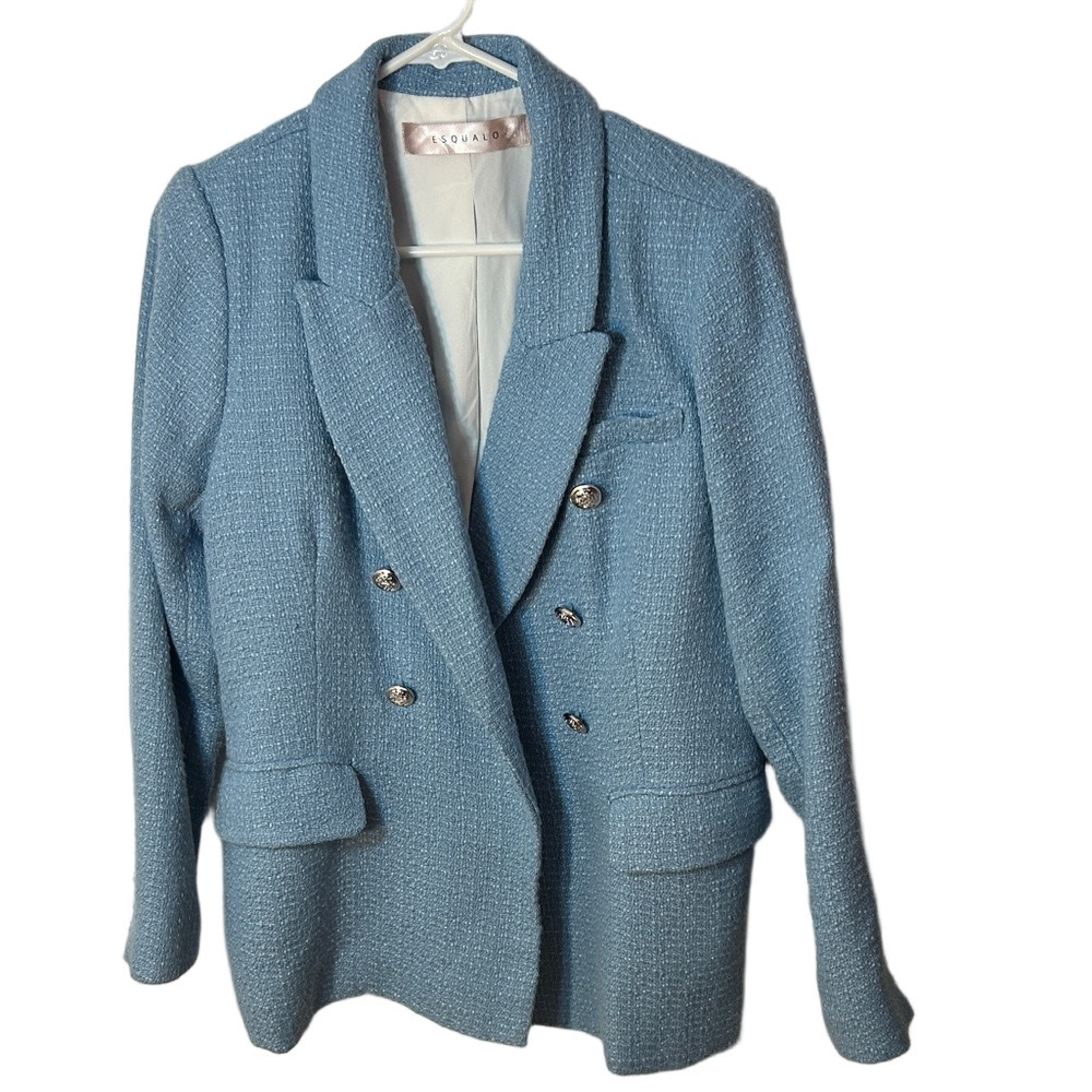 Esqualo Tweed Boucle Light Blue Double-Breasted Blazer size 10 - Picture 2 of 8